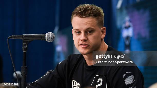 Louisiana State quarterback Joe Burrow answers questions from the media during the NFL Scouting Combine on February 25, 2020 at the Indiana...