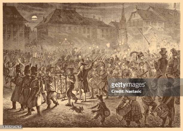 basel carnival, the "morning prank" of the basel children . bearded sappers clear the way in the napoleonic tradition - fasnacht stock illustrations
