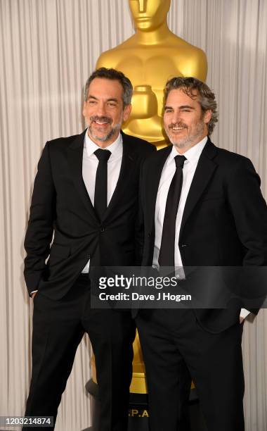 Todd Phillips and Joaquin Phoenix attend the Academy Nominees Reception 2020 at The Biltmore on January 31, 2020 in London, England.