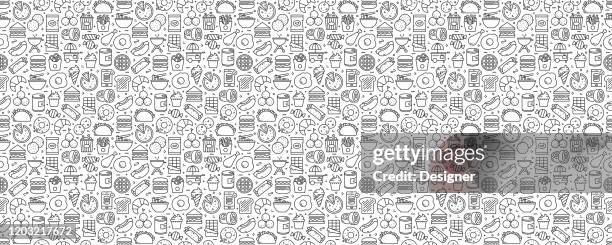 fast food related seamless pattern and background with line icons - fast food stock illustrations stock illustrations