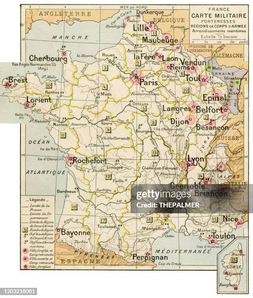 illustrazioni stock, clip art, cartoni animati e icone di tendenza di mappa militare e fortezza della francia 1887 - var