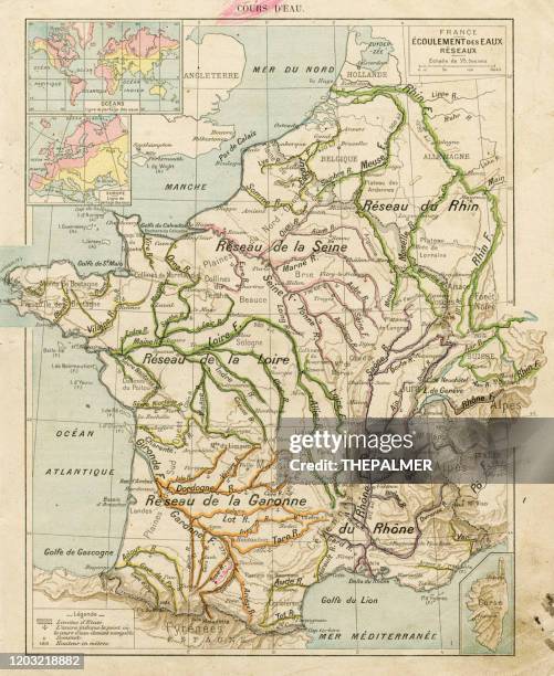 ilustrações, clipart, desenhos animados e ícones de drenagem francesa do mapa de água da rede 1887 - rhône alpes