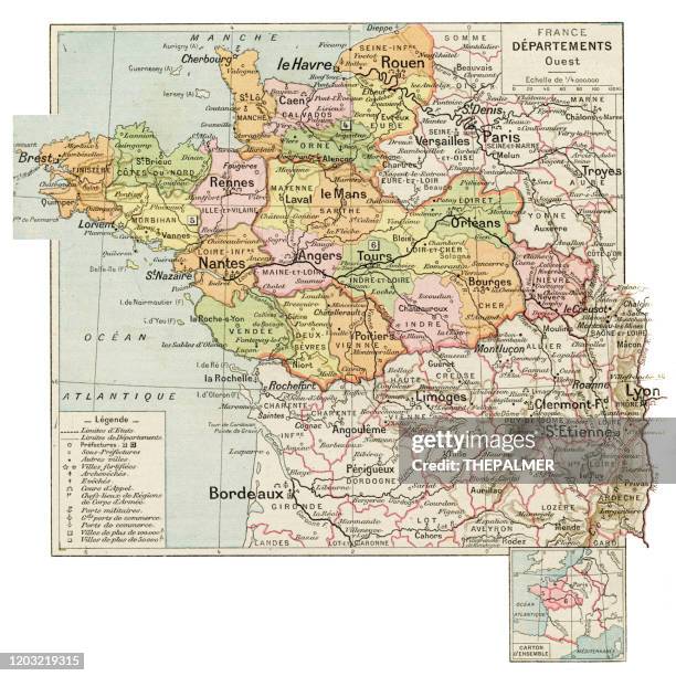 frankreich west region karte 1887 - brittany france stock-grafiken, -clipart, -cartoons und -symbole
