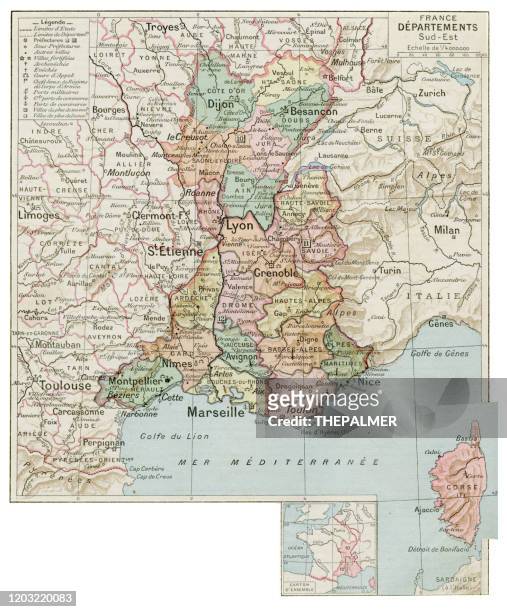 karte der südlichen regionen frankreich 1887 - fluss rhône rhône alpes stock-grafiken, -clipart, -cartoons und -symbole