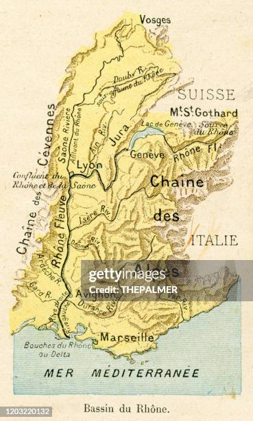 rhone basin map 1887 - avignon stock illustrations