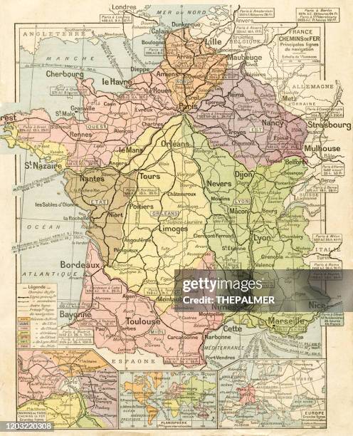 ilustraciones, imágenes clip art, dibujos animados e iconos de stock de mapa del sistema ferroviario de francia 1887 - nord