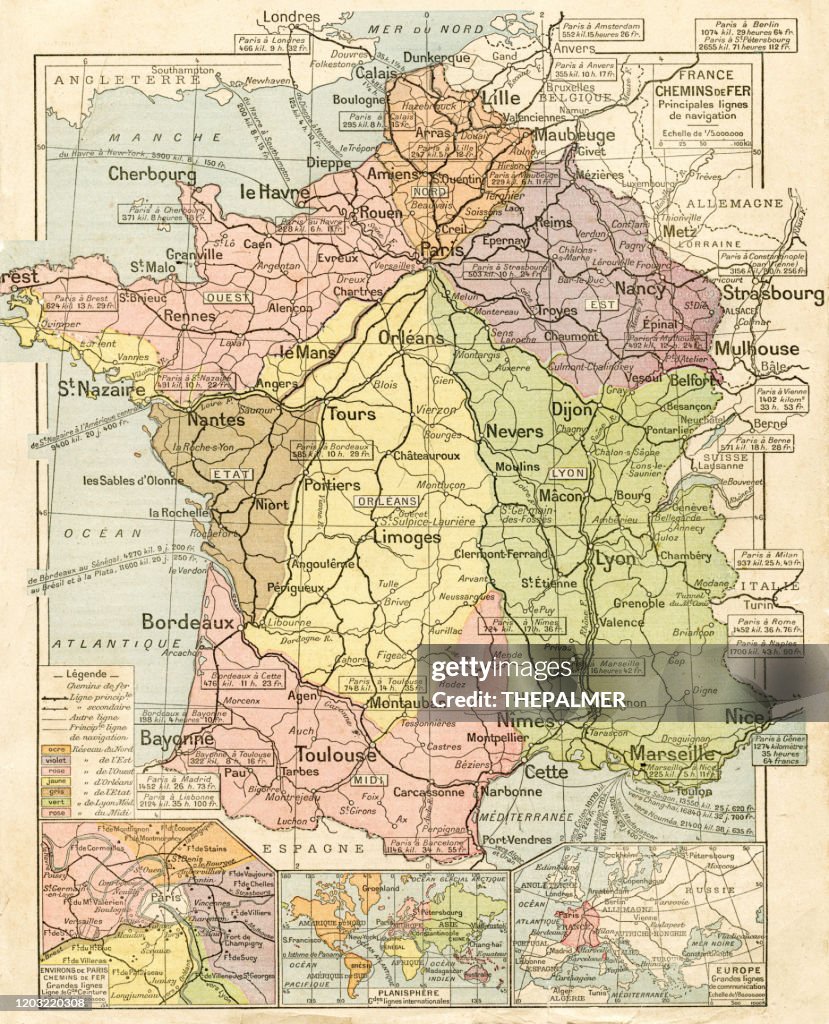 France railways system map 1887