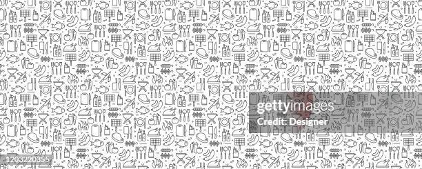 barbecue and grill related seamless pattern and background with line icons - food and drink icons vector stock illustrations