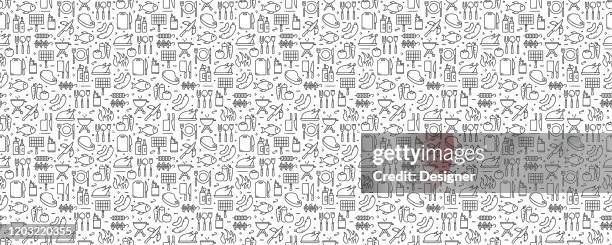 barbecue and grill related seamless pattern and background with line icons - food-and-drink-icon stock illustrations