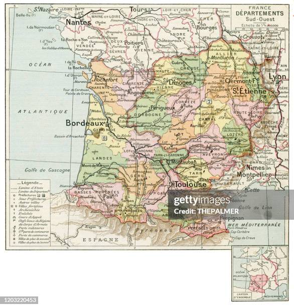 ilustraciones, imágenes clip art, dibujos animados e iconos de stock de francia mapa de regiones suroeste 1887 - midi pyrénées