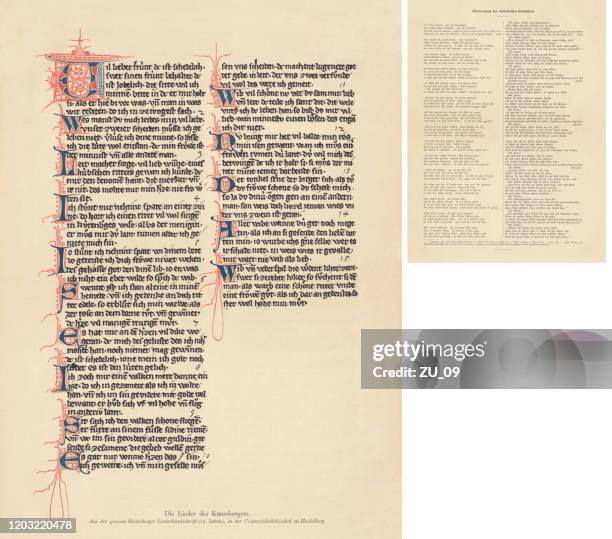 ilustraciones, imágenes clip art, dibujos animados e iconos de stock de letras de der von korenberg, (codex manesse, siglo xiv), facsímil, 1897 - manuscrito