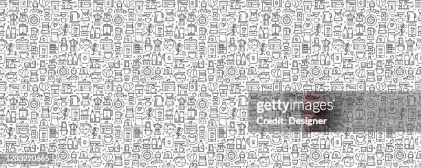 coffee related seamless pattern and background with line icons - coffee pattern stock illustrations