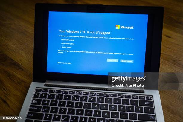 Warning notification is displayed on a laptop running Windows 7 operating system in Poland, on 25 February, 2020. After 10 years, support for Windows...