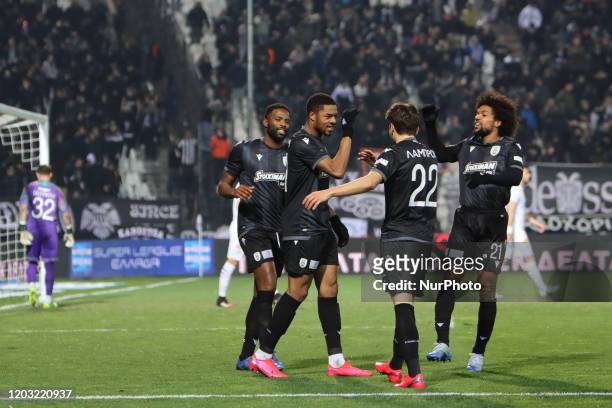 Chuba Amechi Akpom striker of PAOK FC celebrating with his teammates his second goal during PAOK Thessaloniki v OFI Crete FC with final score 4-0 for...