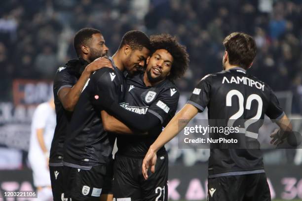 Chuba Amechi Akpom striker of PAOK FC celebrating with his teammates his second goal during PAOK Thessaloniki v OFI Crete FC with final score 4-0 for...