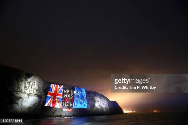 Sky News marks Brexit day by projecting a farewell message on the white cliffs of Dover on January 31, 2020 in Dover, England.