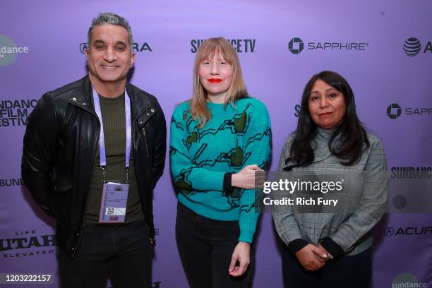 Bassem Youssef, Amy Nicholson and Haifaa Al Mansour attend the 2020 Sundance Film Festival Cinema Cafe With Haifaa Al-Mansour And Bassem Youssef at...