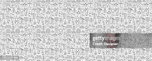 charity and donation seamless pattern and background with line icons - youth foundation stock illustrations