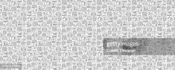 stockillustraties, clipart, cartoons en iconen met pasen gerelateerde naadloos patroon en achtergrond met line iconen - easter pattern