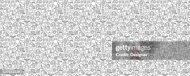 fitness and workout seamless pattern and background with line icons - gym background stock illustrations