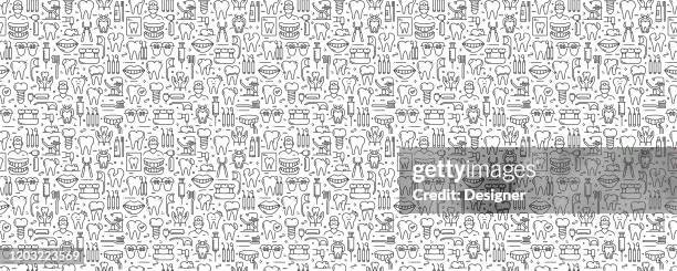 dental related seamless pattern and background with line icons - dentist stock illustrations