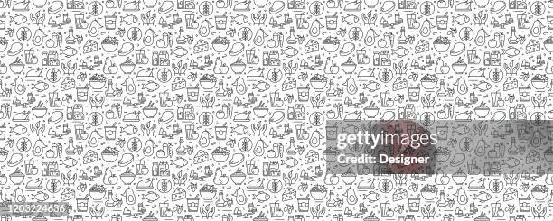 stockillustraties, clipart, cartoons en iconen met healthy food concept naadloos patroon en achtergrond met line iconen - gezond eten