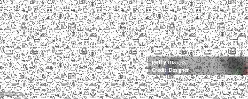 Healthy Food Concept Seamless Pattern and Background with Line Icons