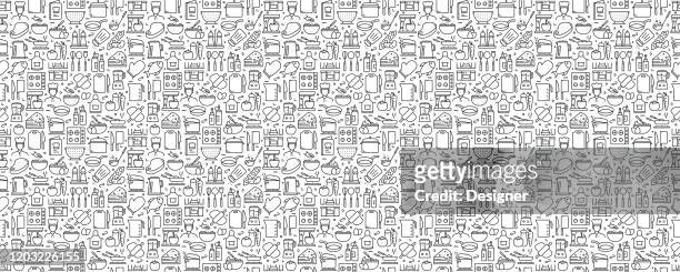 cooking related seamless pattern and background with line icons - cooking pan stock illustrations