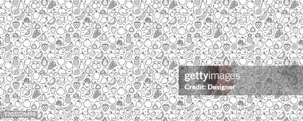 stockillustraties, clipart, cartoons en iconen met fruit gerelateerde naadloos patroon en achtergrond met line icons - mango vector