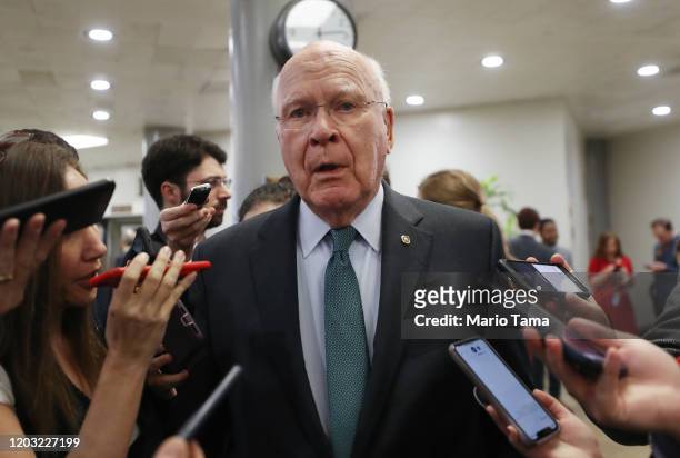 Sen. Pat Leahy speaks to reporters as he arrives at the U.S. Capitol as the Senate impeachment trial of U.S. President Donald Trump continues on...