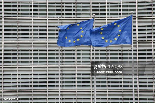 Flags of Europe or European Flag is the symbol of Council of Europe CoE and The European Union EU as seen in the Belgian capital Brussels in front of...