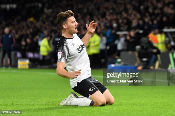 Chris Martin of Derby County celebrates after he scores his sides second goal during the Sky Bet Championship match between Derby County and Stoke...