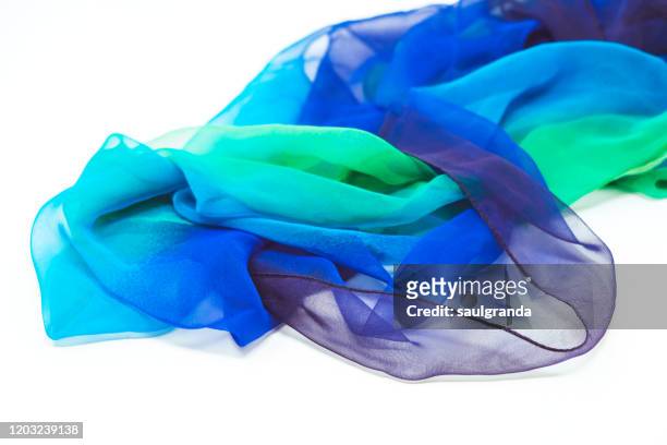 blue and green scarf against white - chiffon stock pictures, royalty-free photos & images