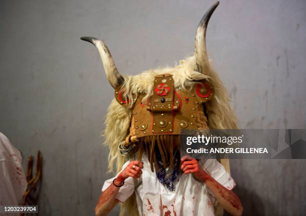 Reveller covered in cow blood and wearing a Momotxorro costume takes part in the Alsasua carnival in the northern Spanish village of Alsasua, in the...