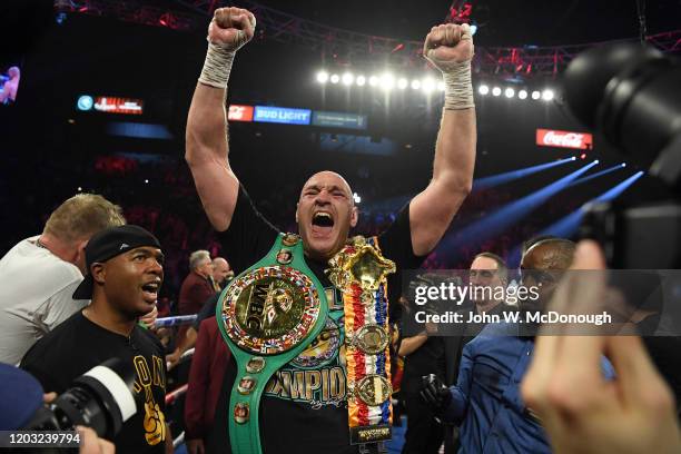 Heavyweight Title Fight: Tyson Fury victorious with WBC belt on shoulder after winning vs Deontay Wilder at MGM Grand Garden. Las Vegas, NV 2/22/2020...