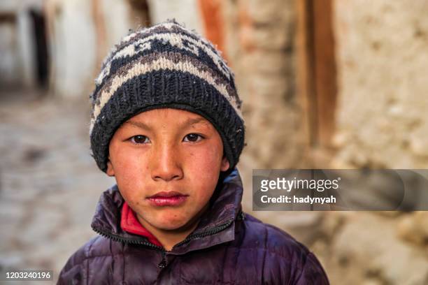a young tibetan buddhist monk, lo manthang, upper mustang, nepal - tibetan culture stock pictures, royalty-free photos & images
