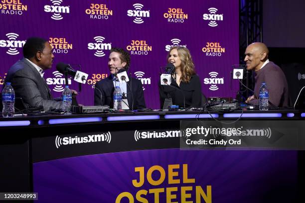 Sportscaster James Brown SiriusXM host Joel Osteen, SiriusXM host Victoria Osteen, former NFL player Tony Dungy speak onstage during day 3 of...