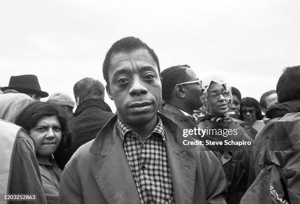 Close-up of American author and activist James Baldwin during the third Selma to Montgomery march, Alabama, late March 1965.