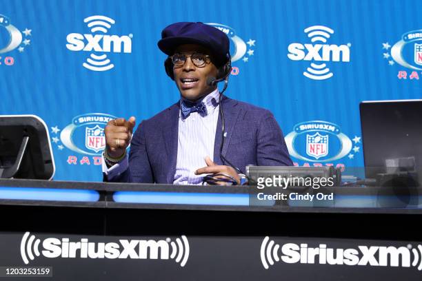 Quarterback Cam Newton of the Carolina Panthers speaks onstage during day 3 of SiriusXM at Super Bowl LIV on January 31, 2020 in Miami, Florida.
