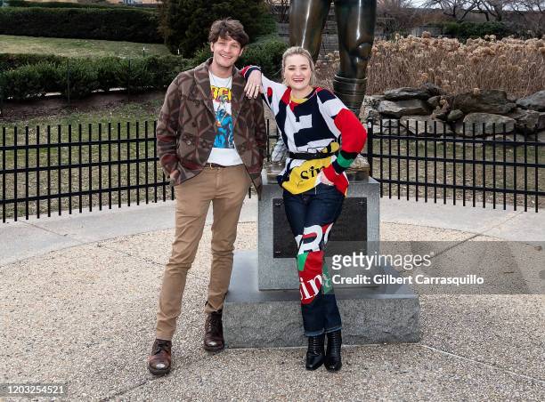 Actors Brett Dier and AJ Michalka of the ABC-TV comedy show "Schooled" are seen posing with The Rocky Statue at The Philadelphia Museum of Art on...