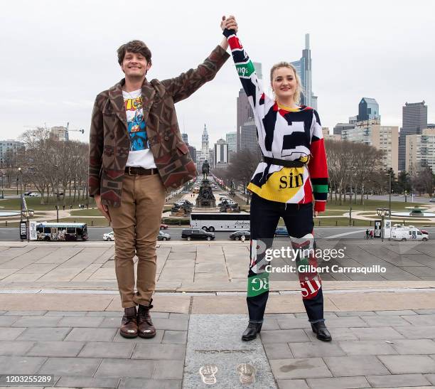 Brett Dier and AJ Michalka of the ABC-TV comedy show "Schooled" are seen running up The Rocky Steps at The Philadelphia Museum of Art on January 31,...