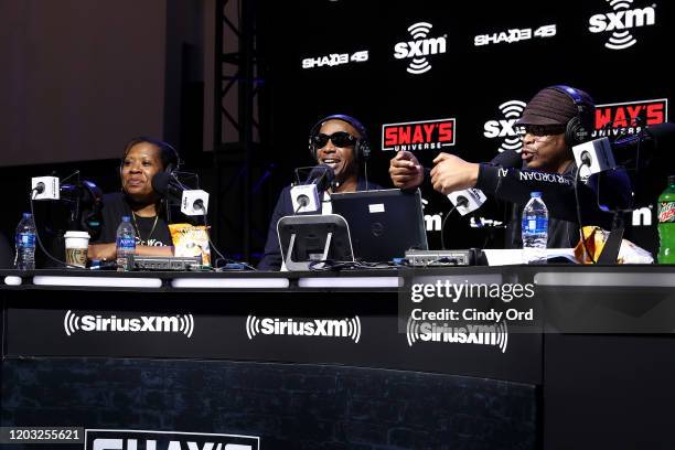 SiriusXM host, Heather B, rapper MC Hammer and SiriusXM host, Sway Calloway speak onstage during day 3 of SiriusXM at Super Bowl LIV on January 31,...