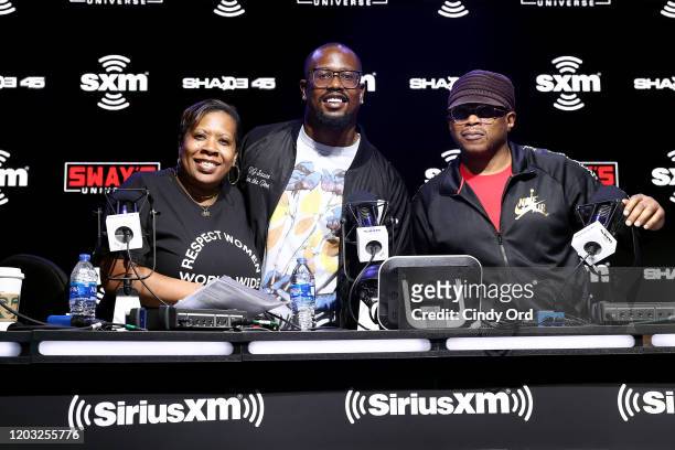 SiriusXM host, Heather B, NFL linebacker Von Miller of the Denver Broncos and SiriusXM host, Sway Calloway take photos onstage during day 3 of...