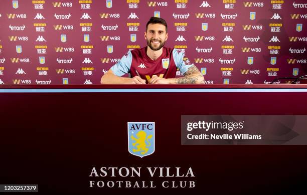 New signing Borja Baston of Aston Villa poses for a picture at Bodymoor Heath training ground on January 31, 2020 in Birmingham, England.