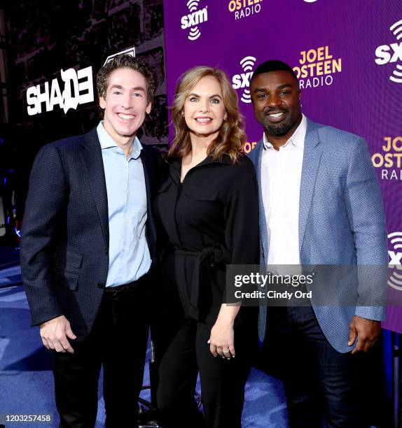 SiriusXM hosts Joel Osteen, Victoria Osteen and former NFL player Brian Westbrook take photos during day 3 of SiriusXM at Super Bowl LIV on January...