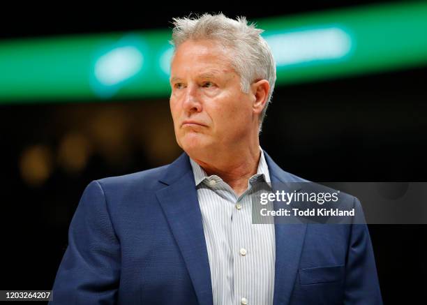 Brett Brown of the Philadelphia 76ers watches on during the first half of an NBA game against the Atlanta Hawks at State Farm Arena on January 30,...
