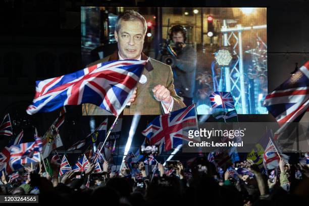 Brexit Party leader Nigel Farage addresses Pro Brexit supporters as the United Kingdom prepares to exit the EU during the Brexit Day Celebration...