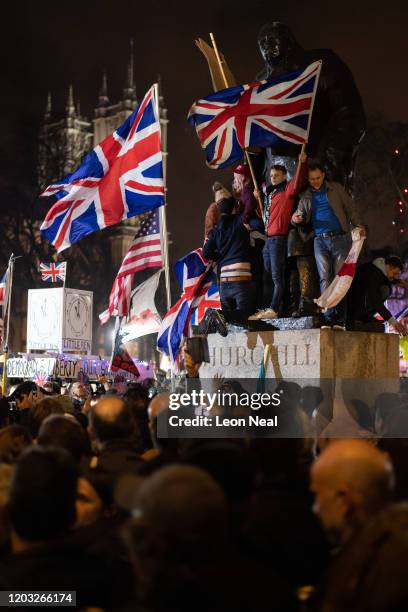 Pro Brexit supporters celebrate as the United Kingdom prepares to exit the EU during the Brexit Day Celebration Party hosted by Leave Means Leave at...
