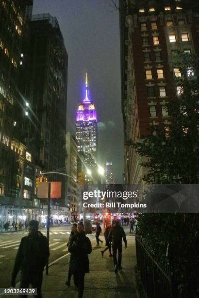 Januay 27: MANDATORY CREDIT Bill Tompkins/Getty Images Lights aglow in purple and gold atop the Empire State Building in memorium for Kobe Bryant on...