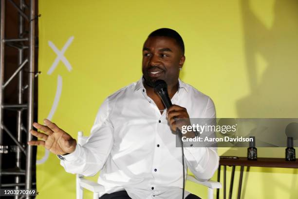 Running back Brian Westbrook speaks onstage during All-Stars Drop By Poo-Pourri's Giant Poo In Miami at The Wynwood Marketplace on January 31, 2020...